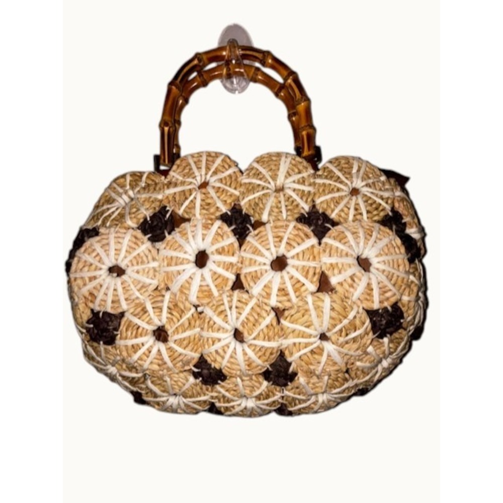 Patricia Nash Palmarola Beige/Brown Straw Satchel Bamboo Women's Handbag - Picture 2 of 16